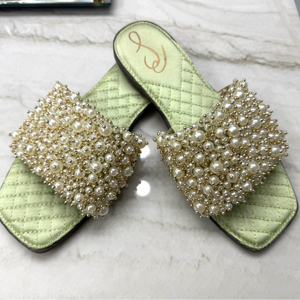 Sam Edelman Pearl-Embellished Green Slide Sandals - Women